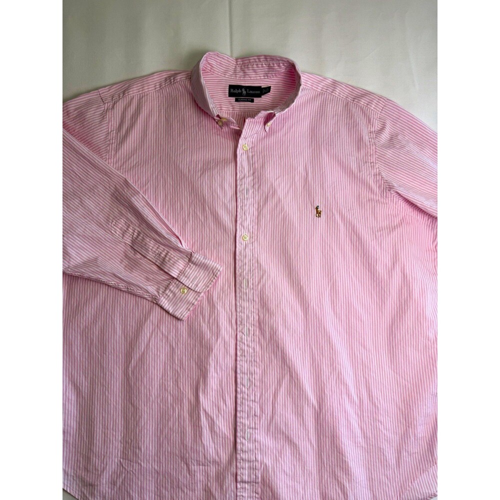 Ralph Lauren Men's XL Classic Fit Pink/White Striped Woven Cotton Button-Down